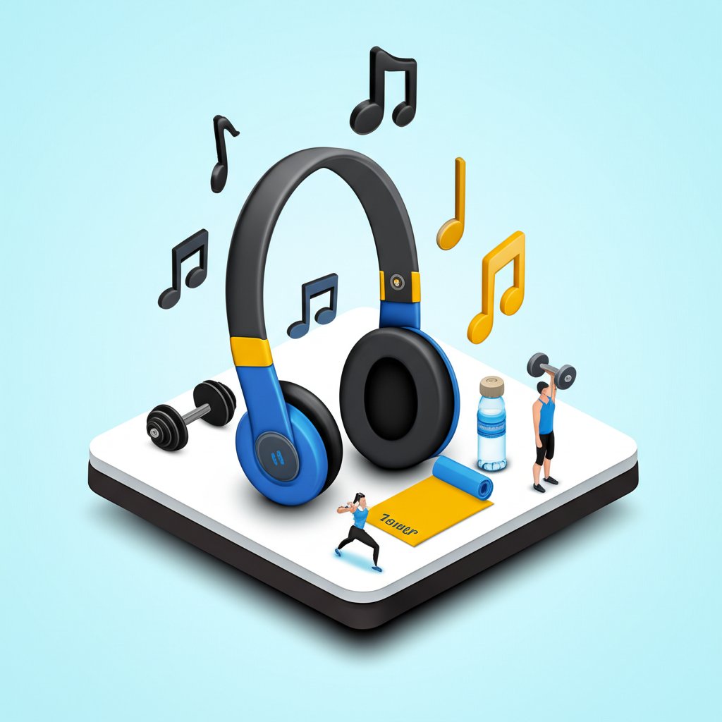 Energetic gym workout music with headphones for peak fitness motivation.